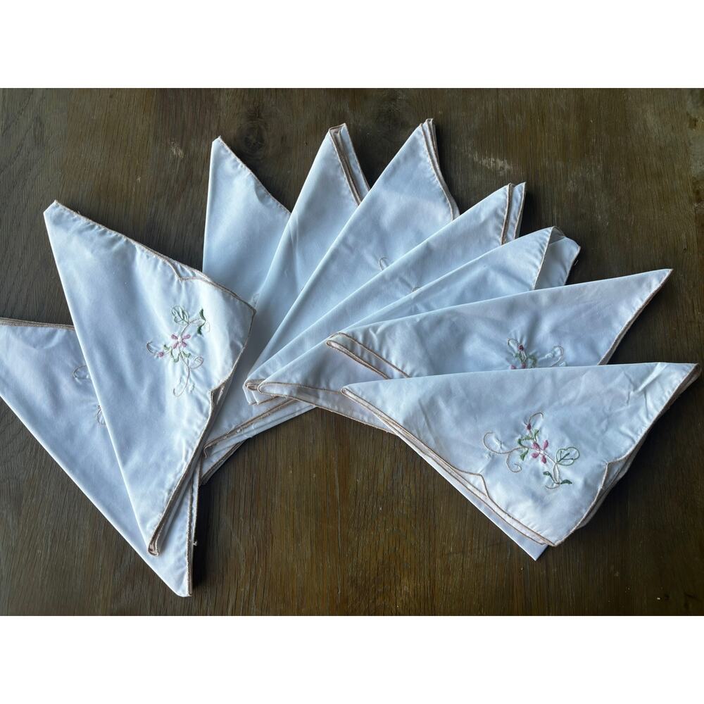 Vintage Set of 9 White Embroidered Cocktail Napkins Pink Floral Scalloped Edge